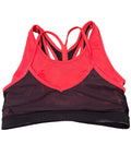 Front view of Crane sports bra top in vibrant orange and black with mesh panels