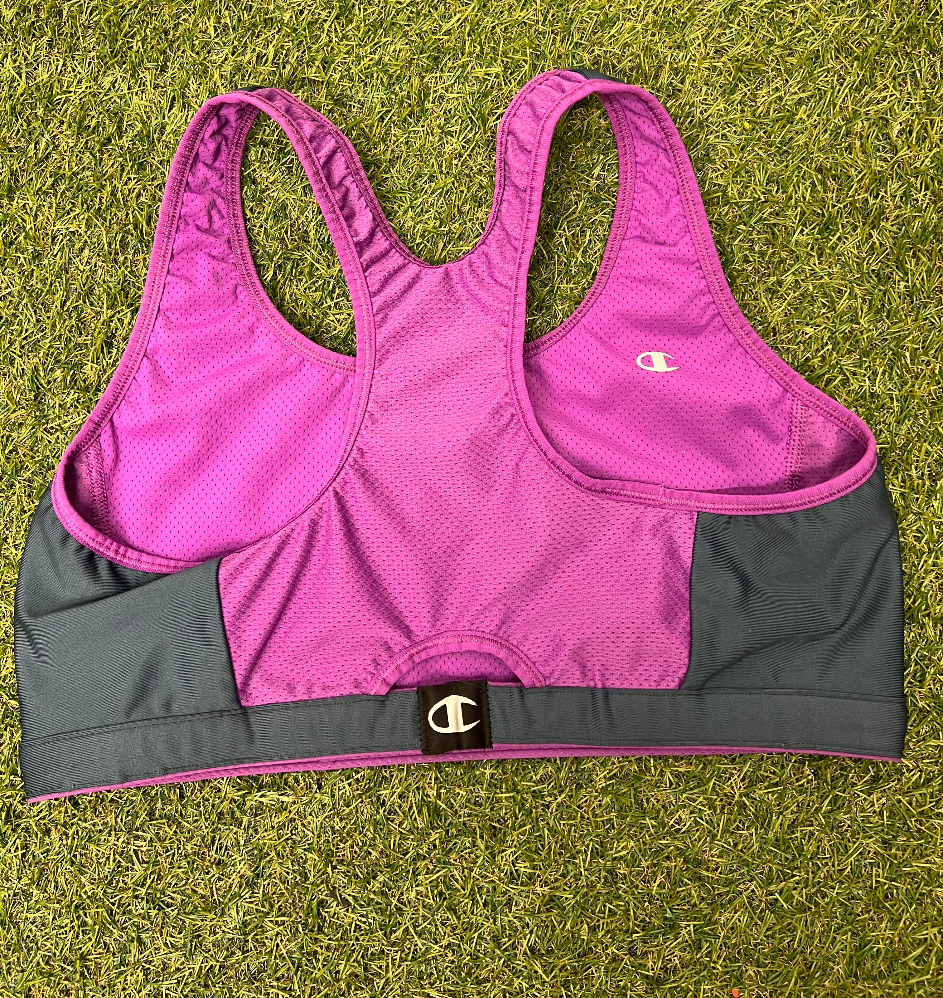 Back view of Champion sports bra top showing violet mesh racerback design