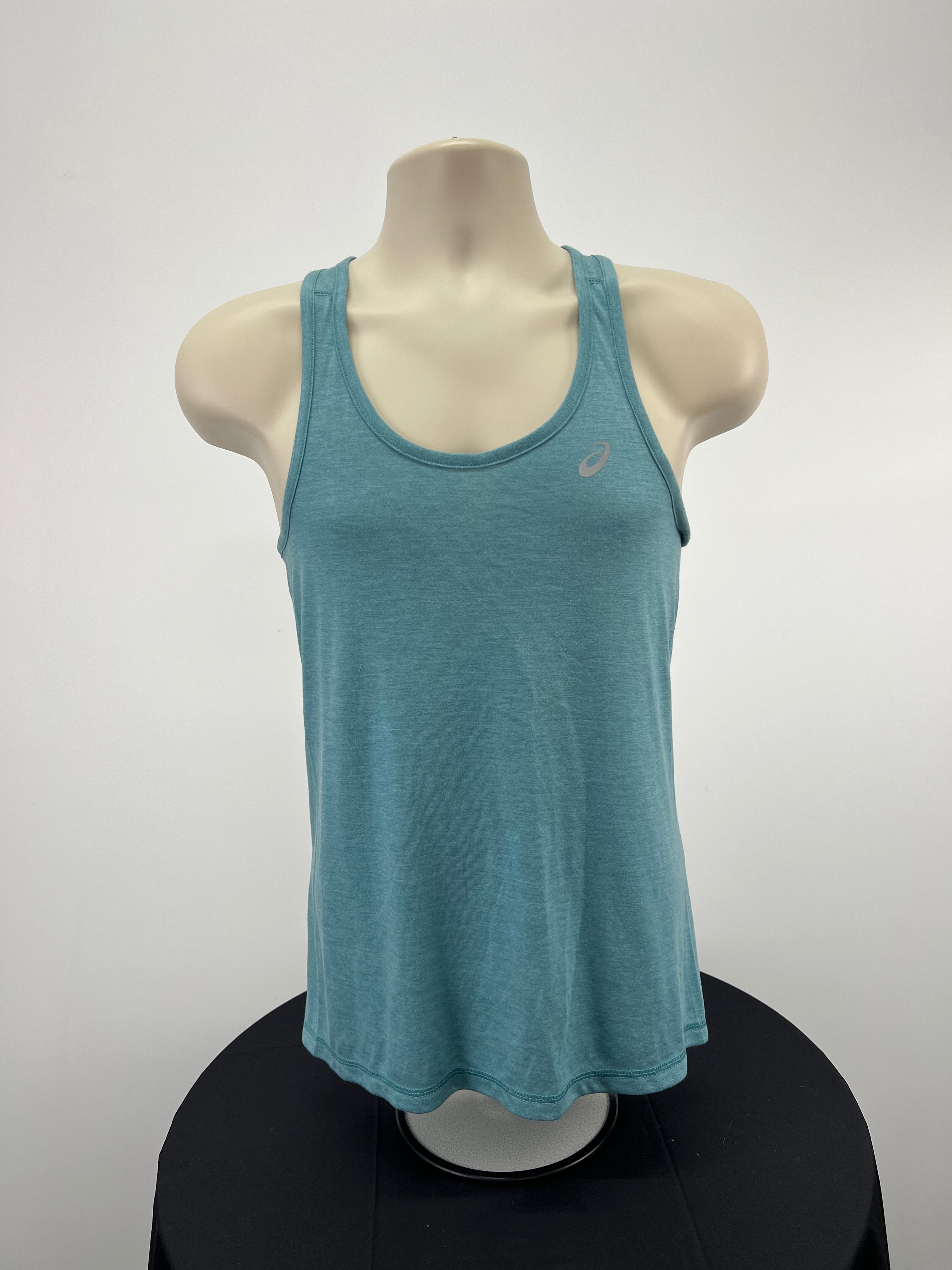 Front view of Asics light green sleeveless vest top on mannequin