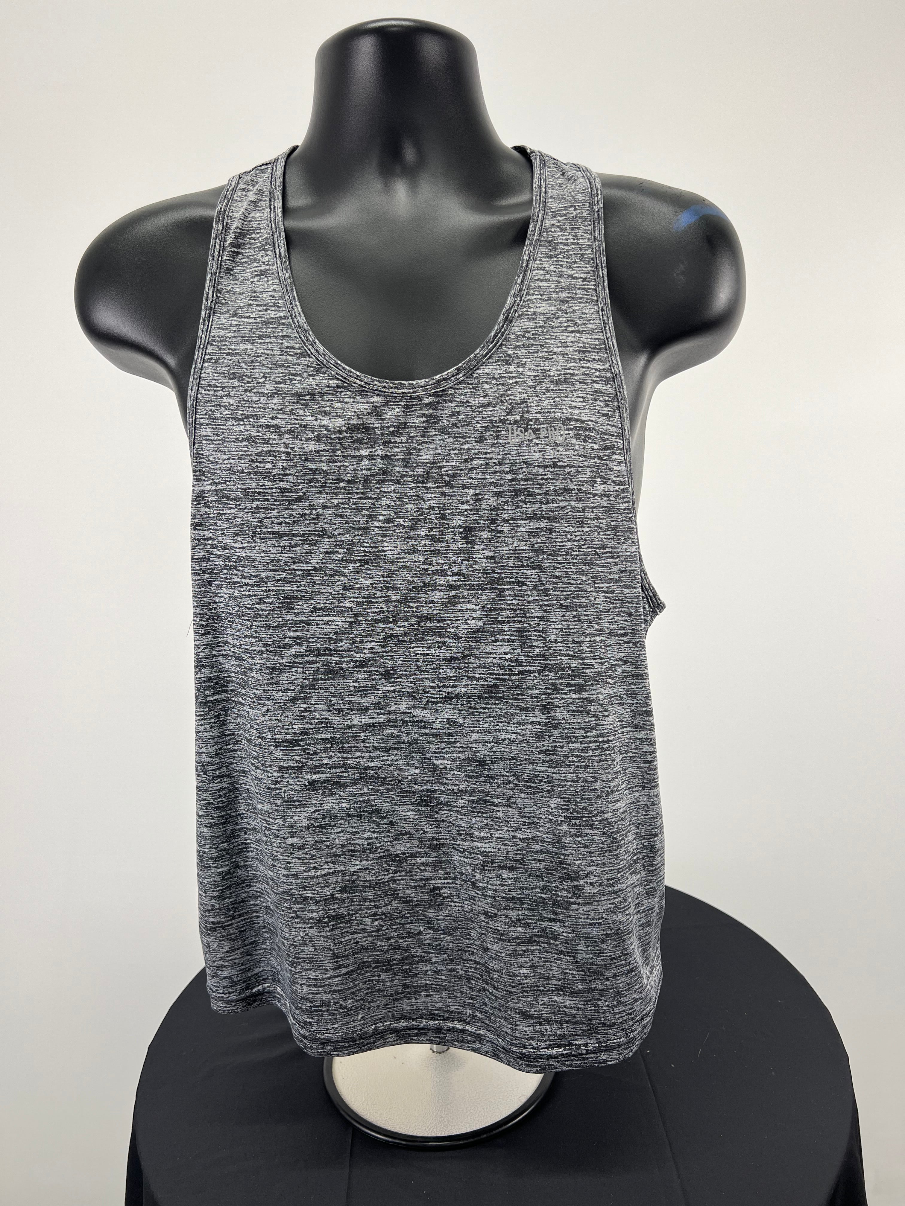Front view of USA Pro sports vest in grey marl on black mannequin