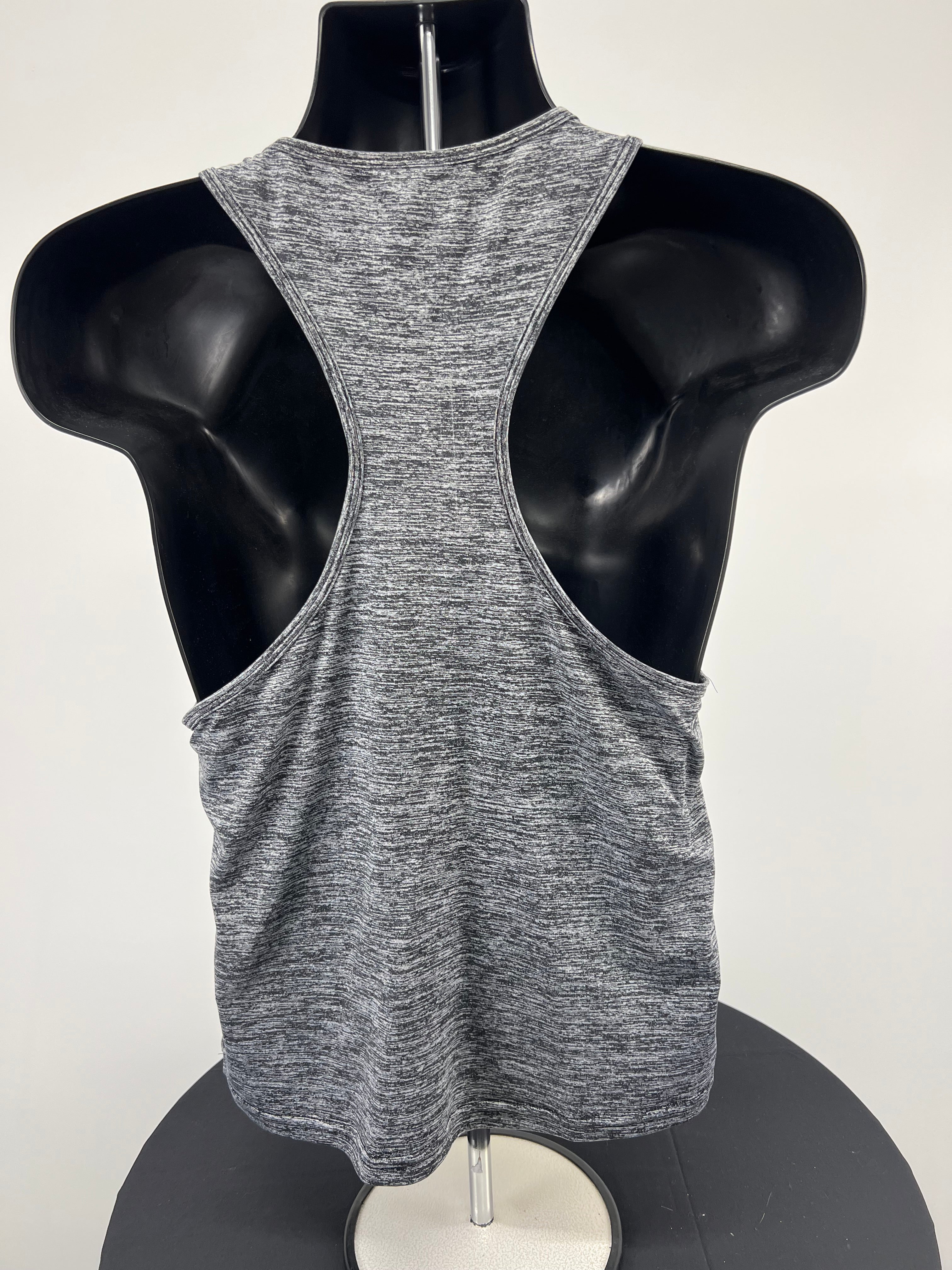 Back view of USA Pro grey marl racerback sports vest displayed on black mannequin
