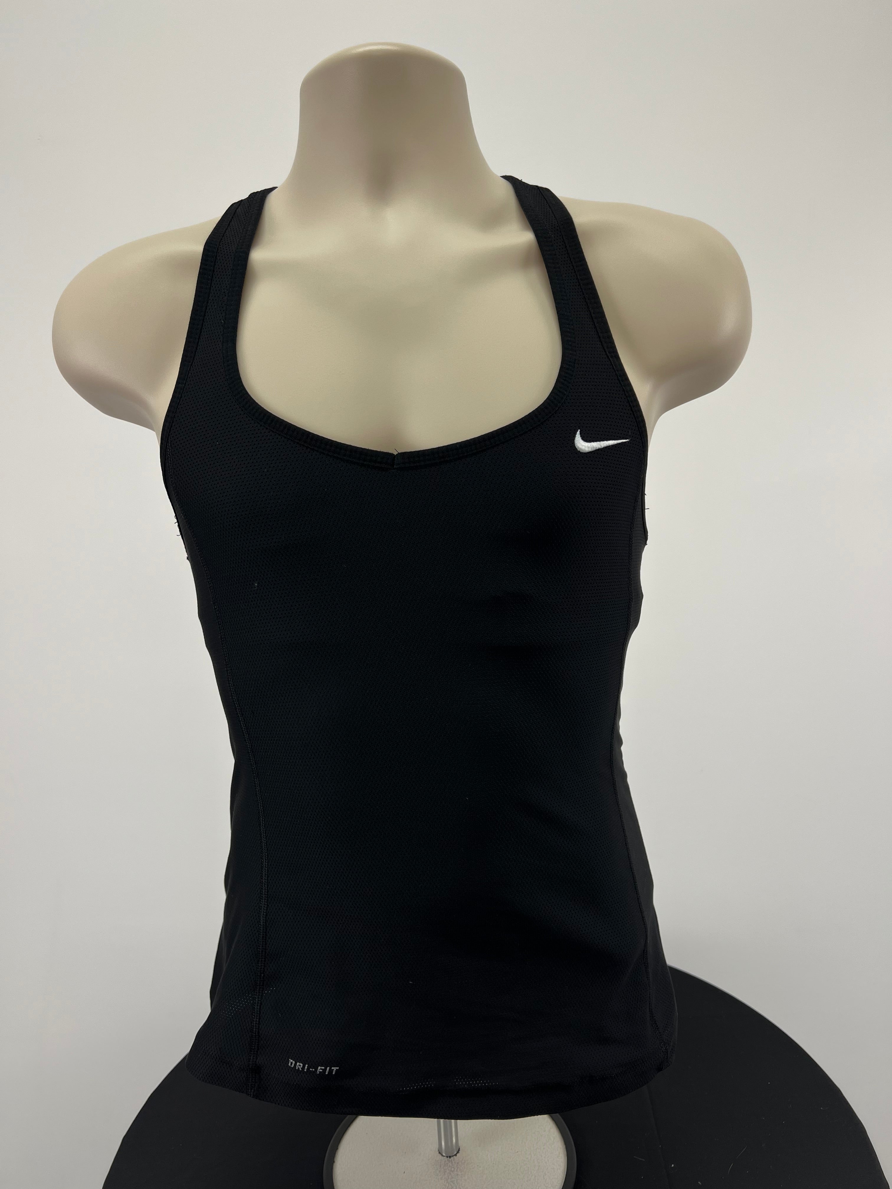 Front view of black Nike Dri-FIT sports vest with built-in bra on mannequin