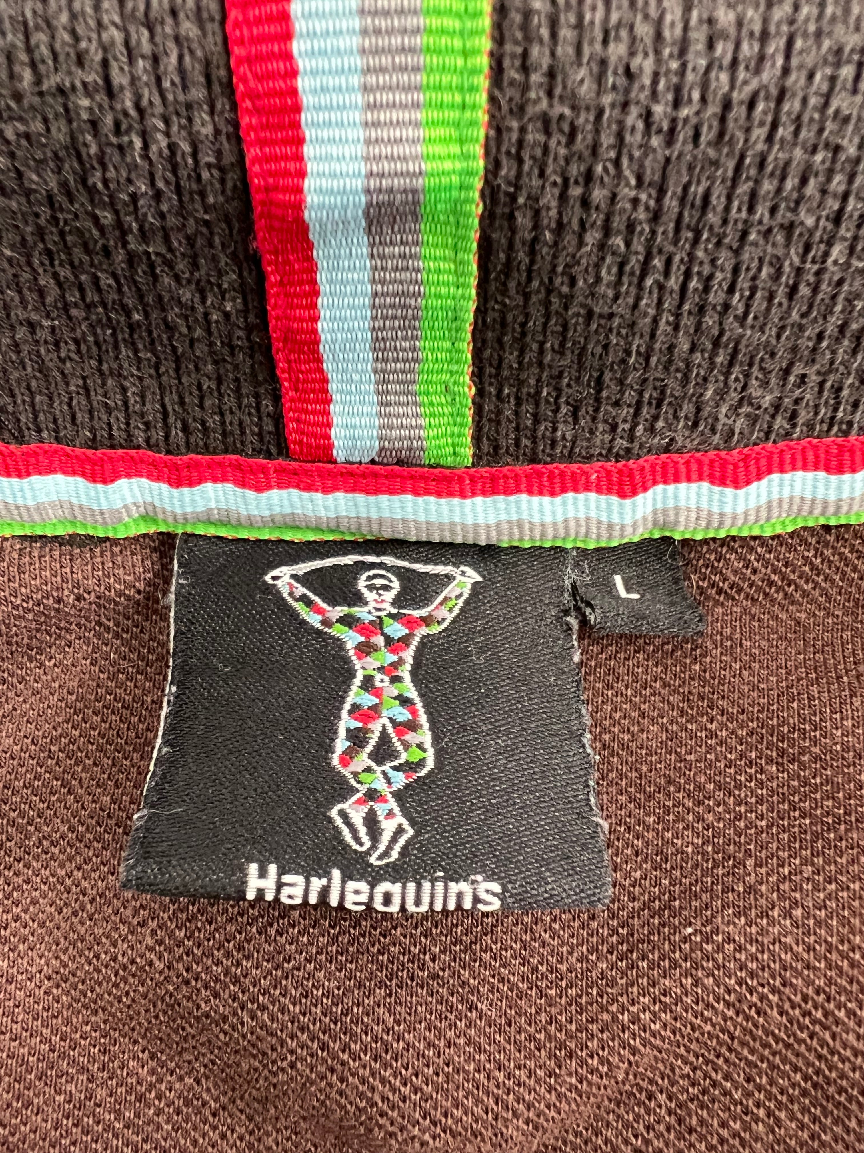 Inside neck label showing Harlequins logo and size L on brown fabric