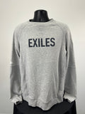 Front view of BLK Exiles grey sweatshirt on mannequin showing bold EXILES print
