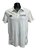 Front view of Men’s Canterbury cream cricket shirt with Canterbury logo and Legend Holidays & Events print
