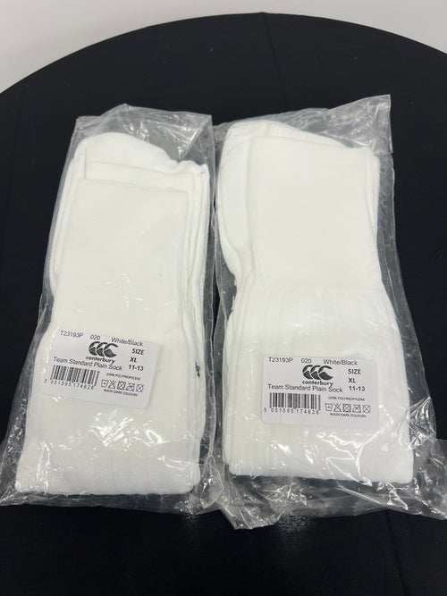 Two pairs of white Canterbury men's team standard plain socks in original plastic packaging
