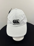 Front view of white Canterbury cap with black embroidered logo on front panel
