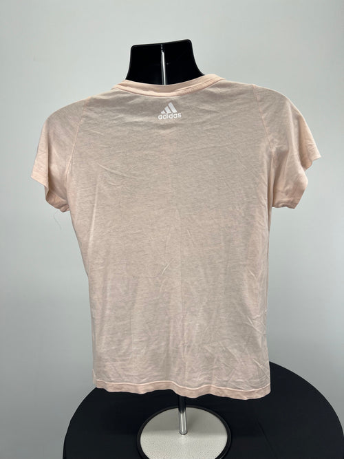 Back view of Adidas pink t-shirt with small white Adidas logo at neckline