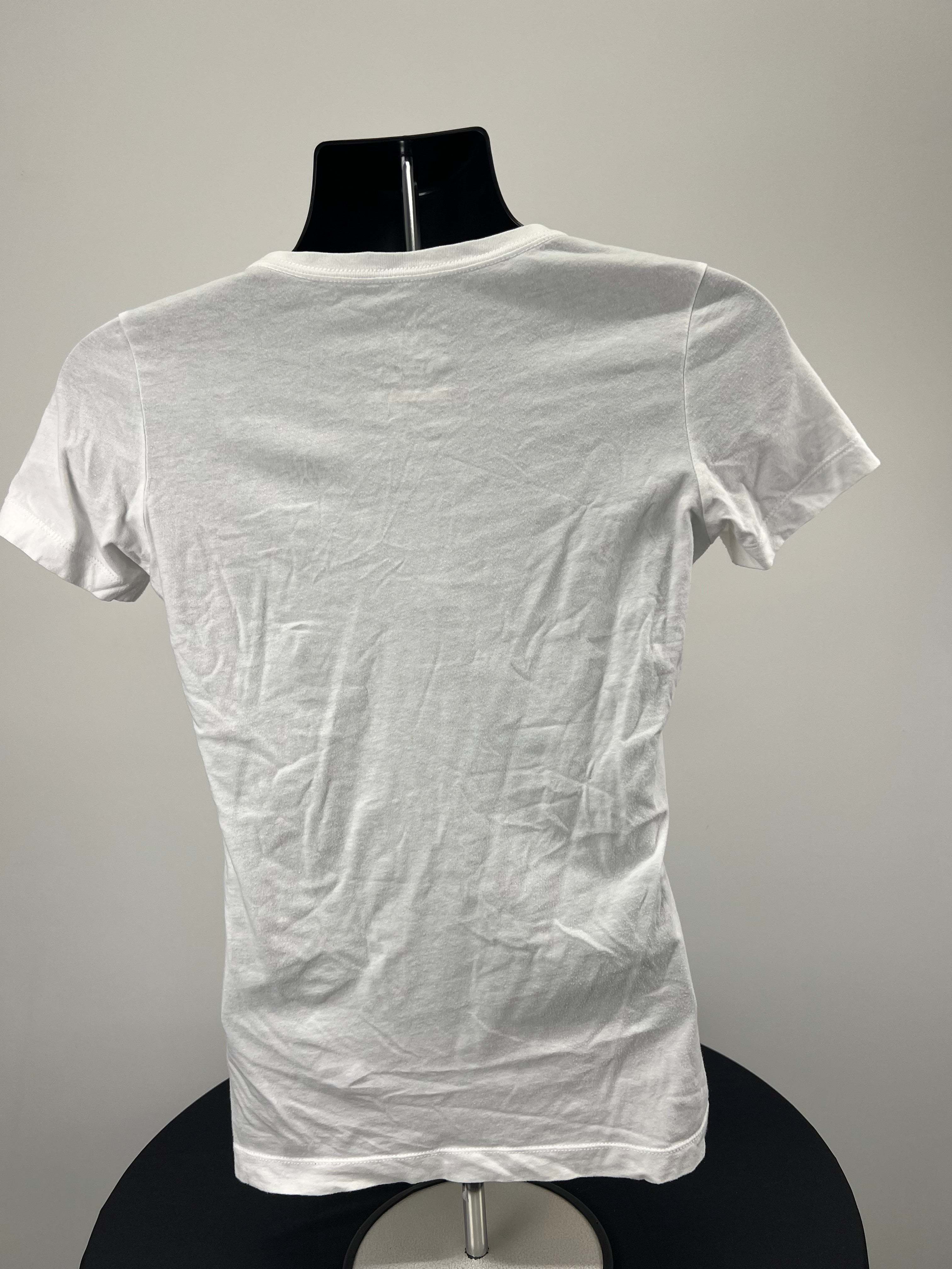 Back view of Nike slim fit white V neck t-shirt on mannequin showing plain design