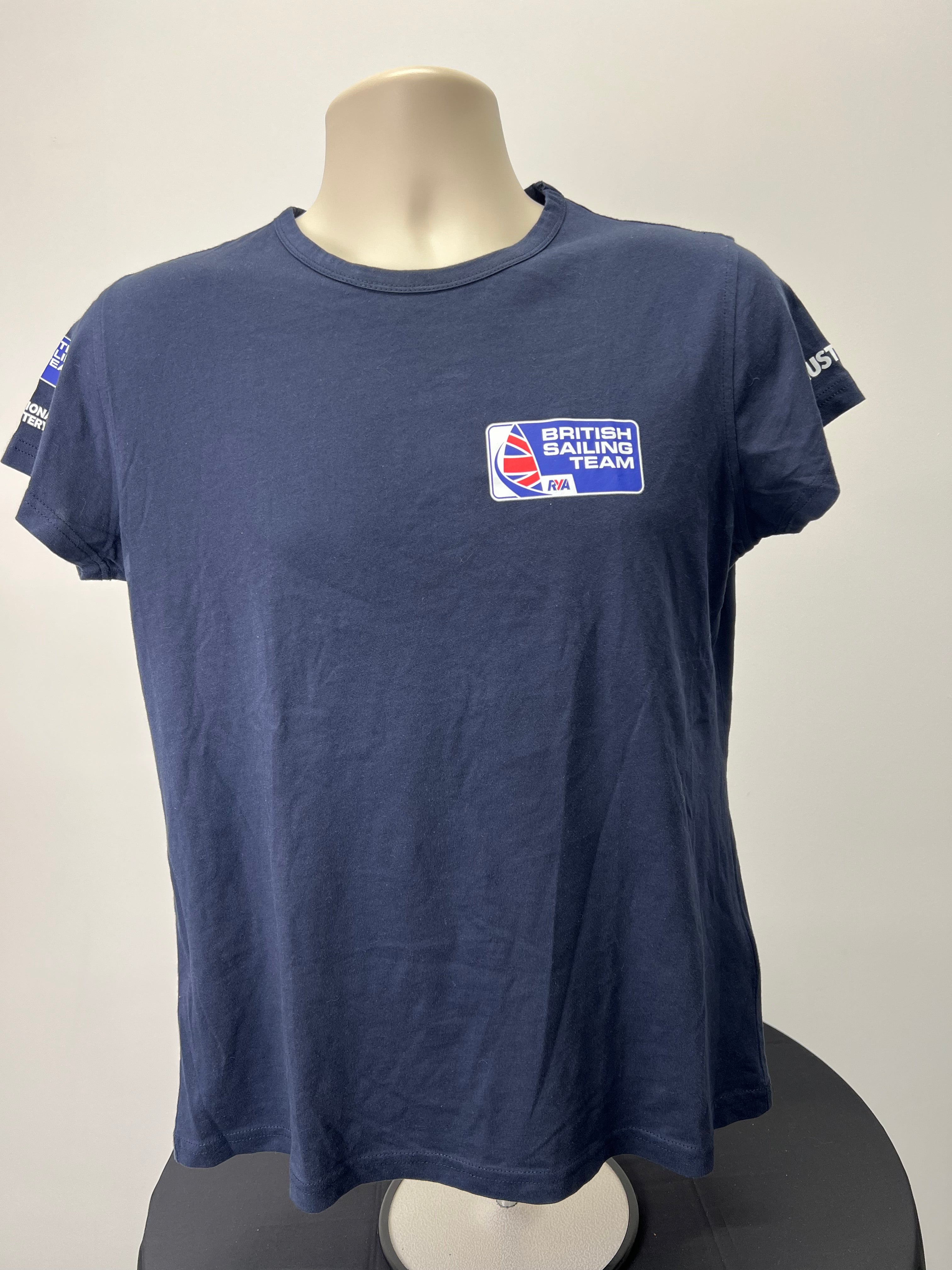 Front view of navy blue British Sailing Team women's t-shirt with logo on chest