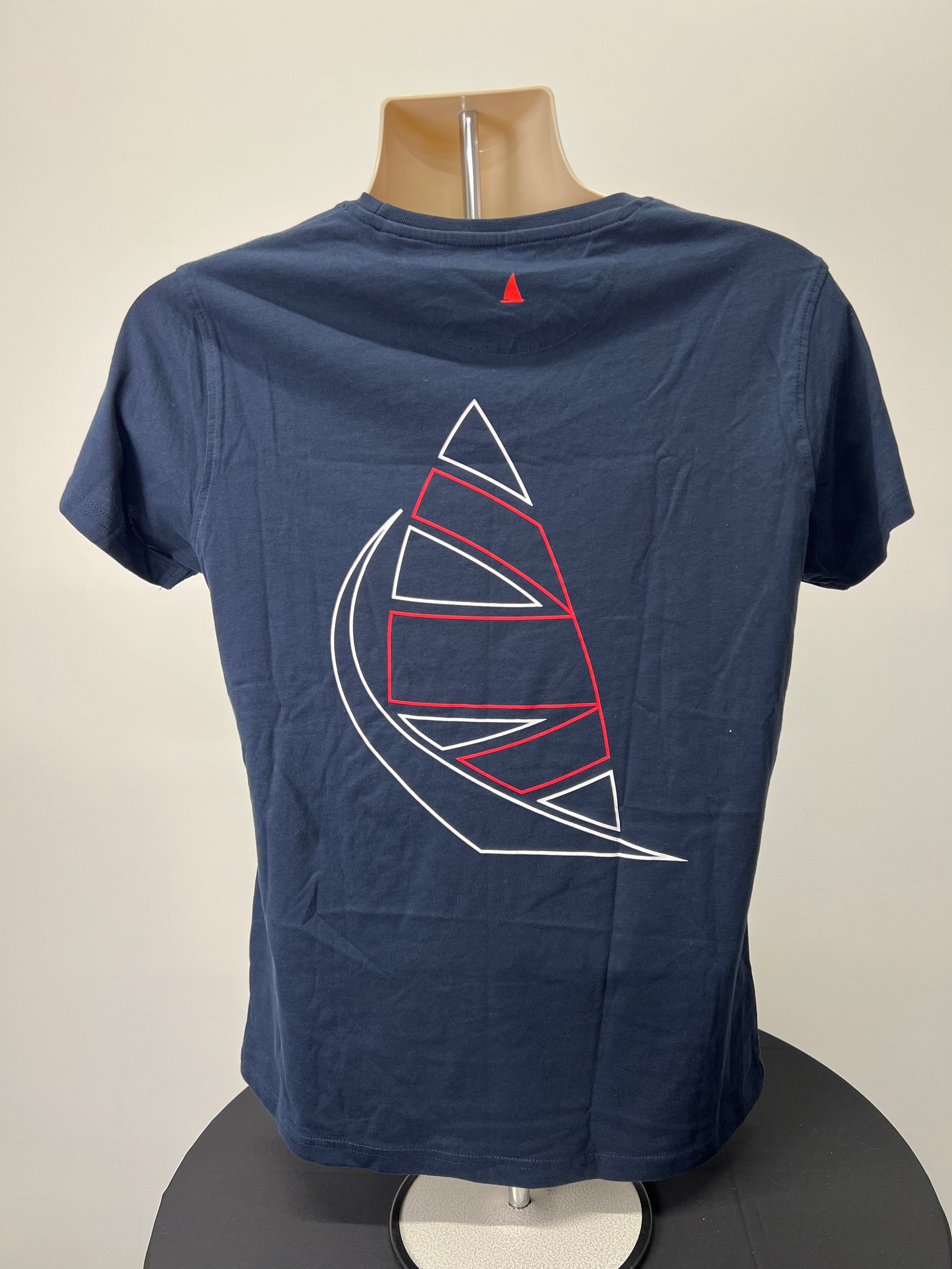Back view of navy t-shirt showing stylised sailboat graphic in white and red lines