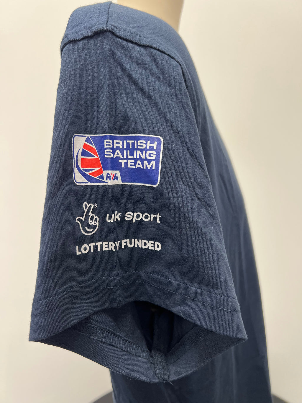 Close-up of British Sailing Team, UK Sport, and Lottery Funded logos on the opposite sleeve