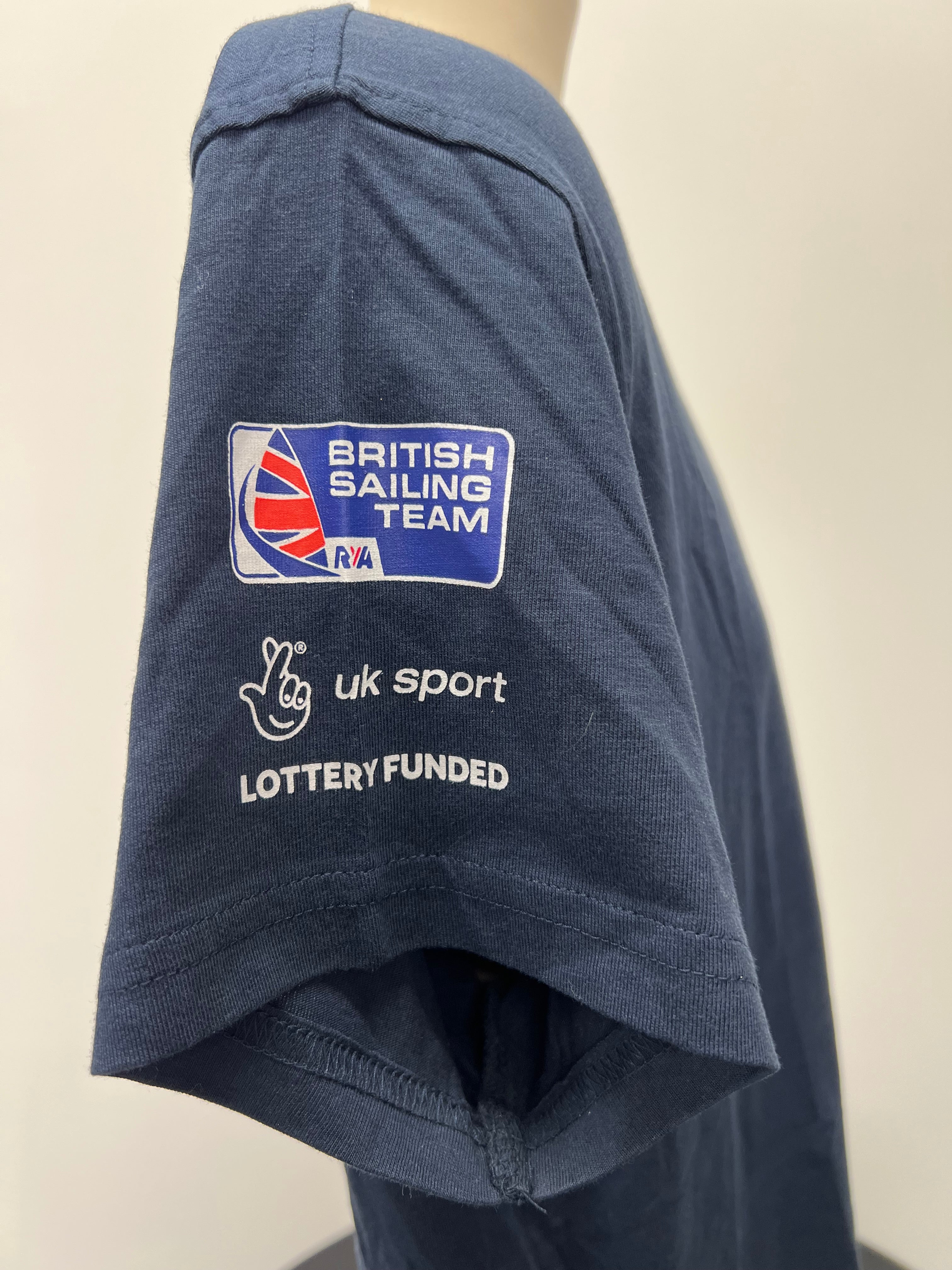 Close-up of British Sailing Team, UK Sport, and Lottery Funded logos on the opposite sleeve