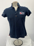 Front view of British Youth Sailing navy polo shirt with embroidered logo and button collar