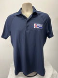 Navy blue Musto British Sailing Team polo shirt front view on mannequin