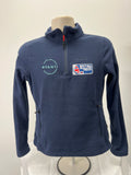 Front view of navy Musto fleece featuring British Sailing Team and Avanti logos with half zip and zippered pockets