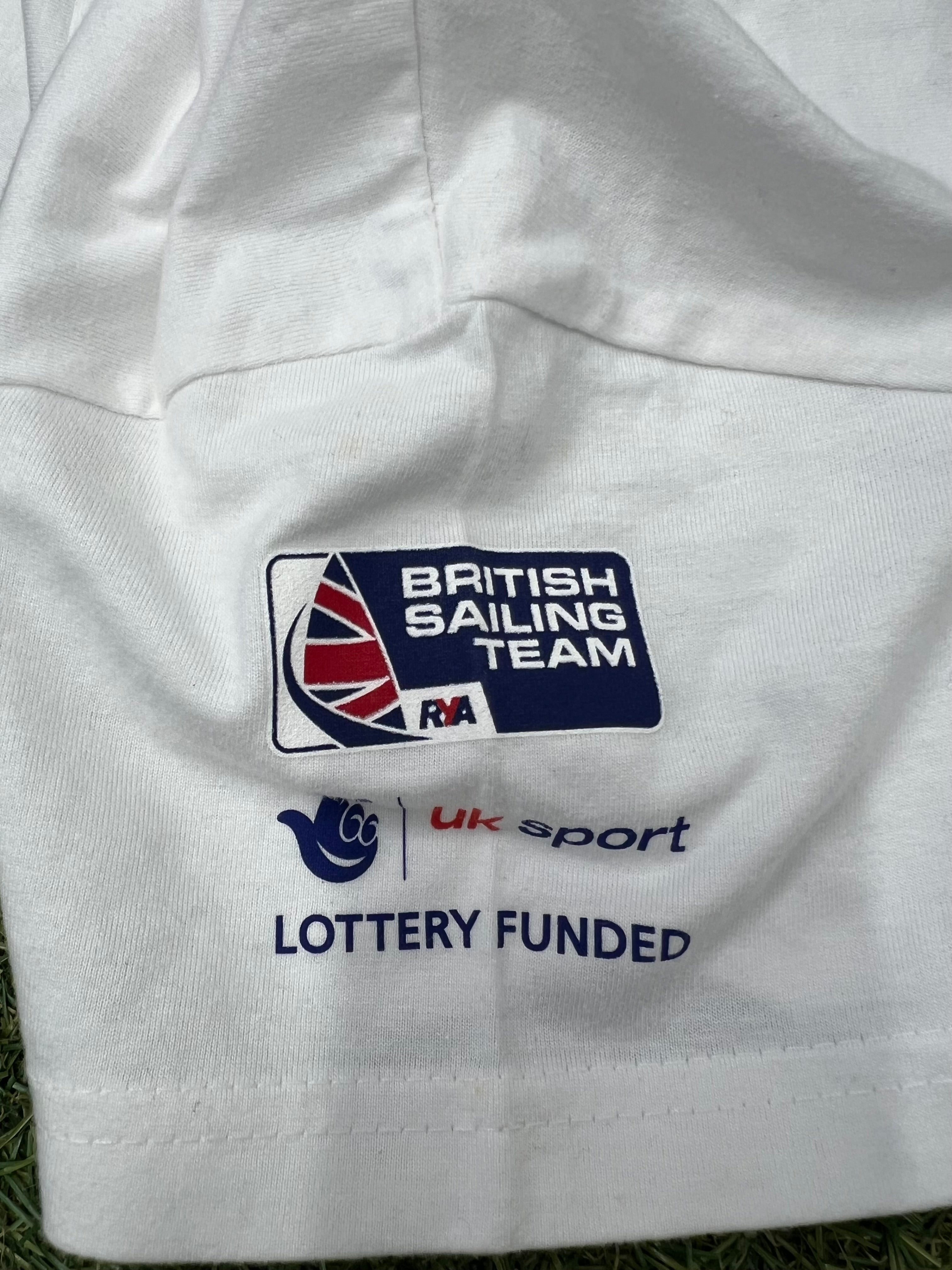 Close-up of the sleeve print on white British Sailing Team t-shirt showing UK Sport and Lottery Funded logos