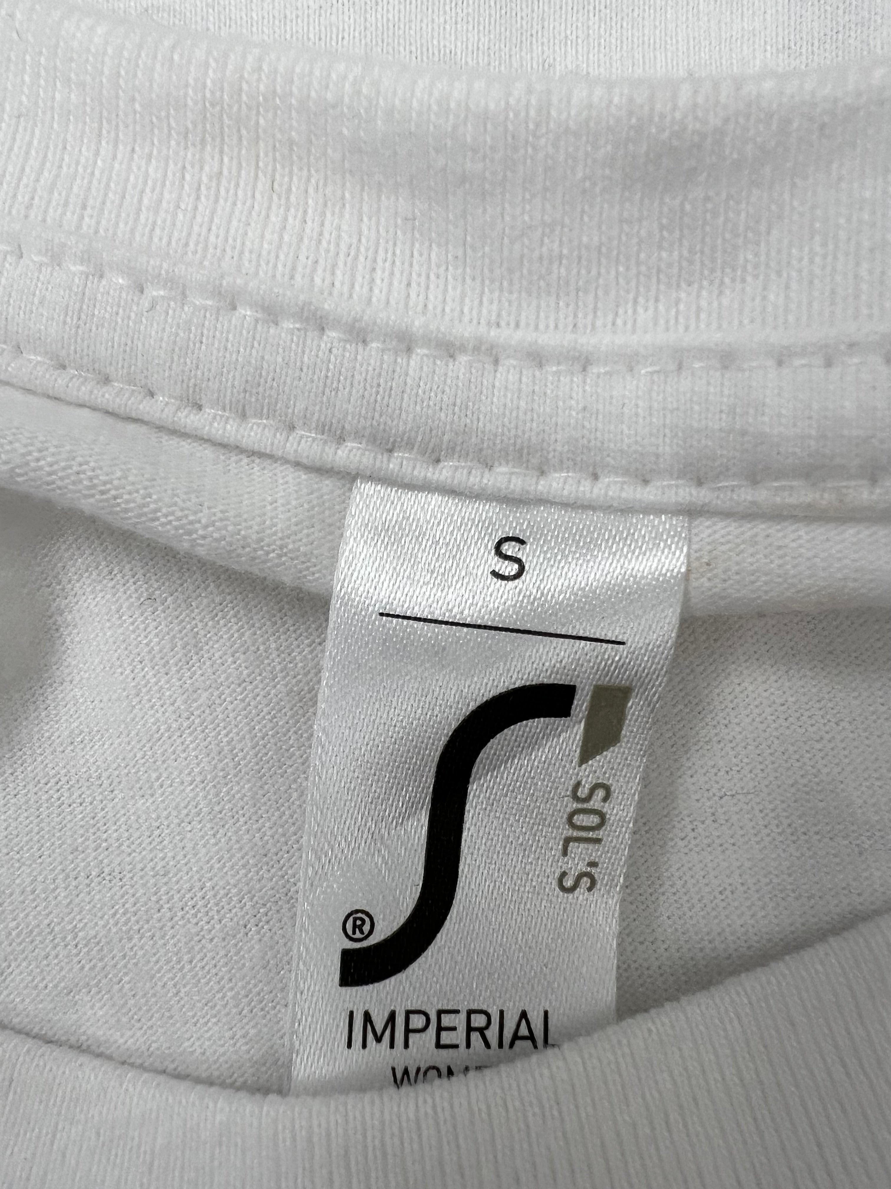 Close-up of the white t-shirt collar label showing size small by SOL'S Imperial brand
