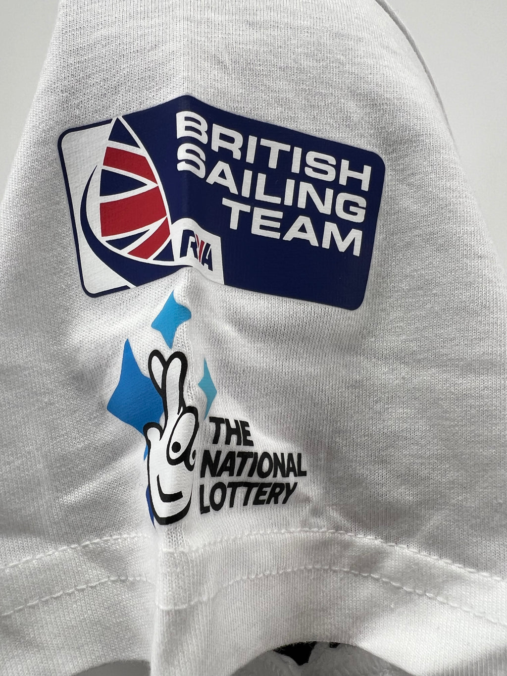 Close-up of right sleeve showing British Sailing Team and The National Lottery logos