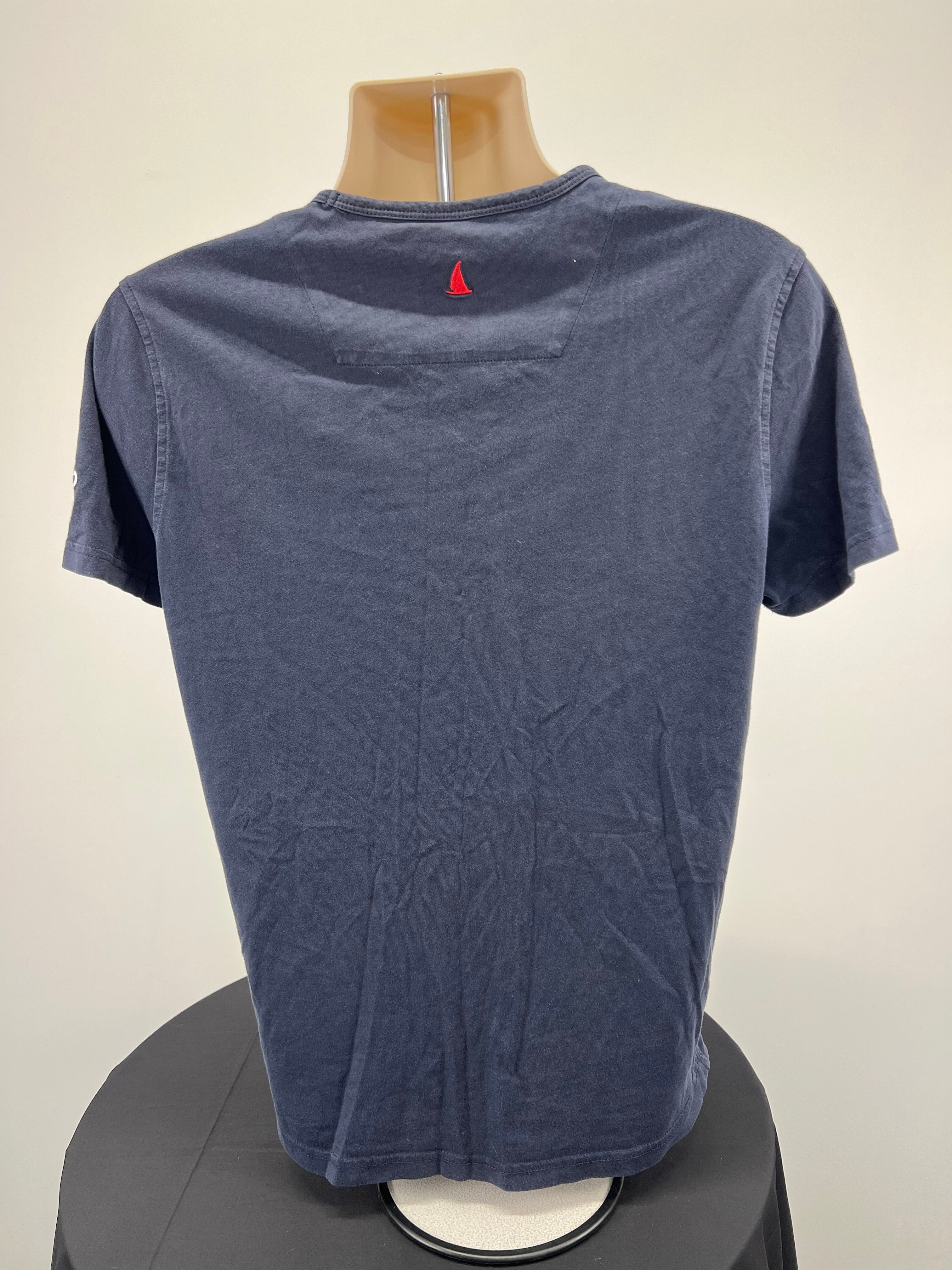Back view of navy British Sailing Team t-shirt with small red sail embroidered