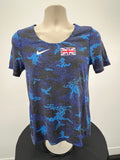 Front view of Nike women's t-shirt with blue camouflage pattern and Union Jack flag on chest