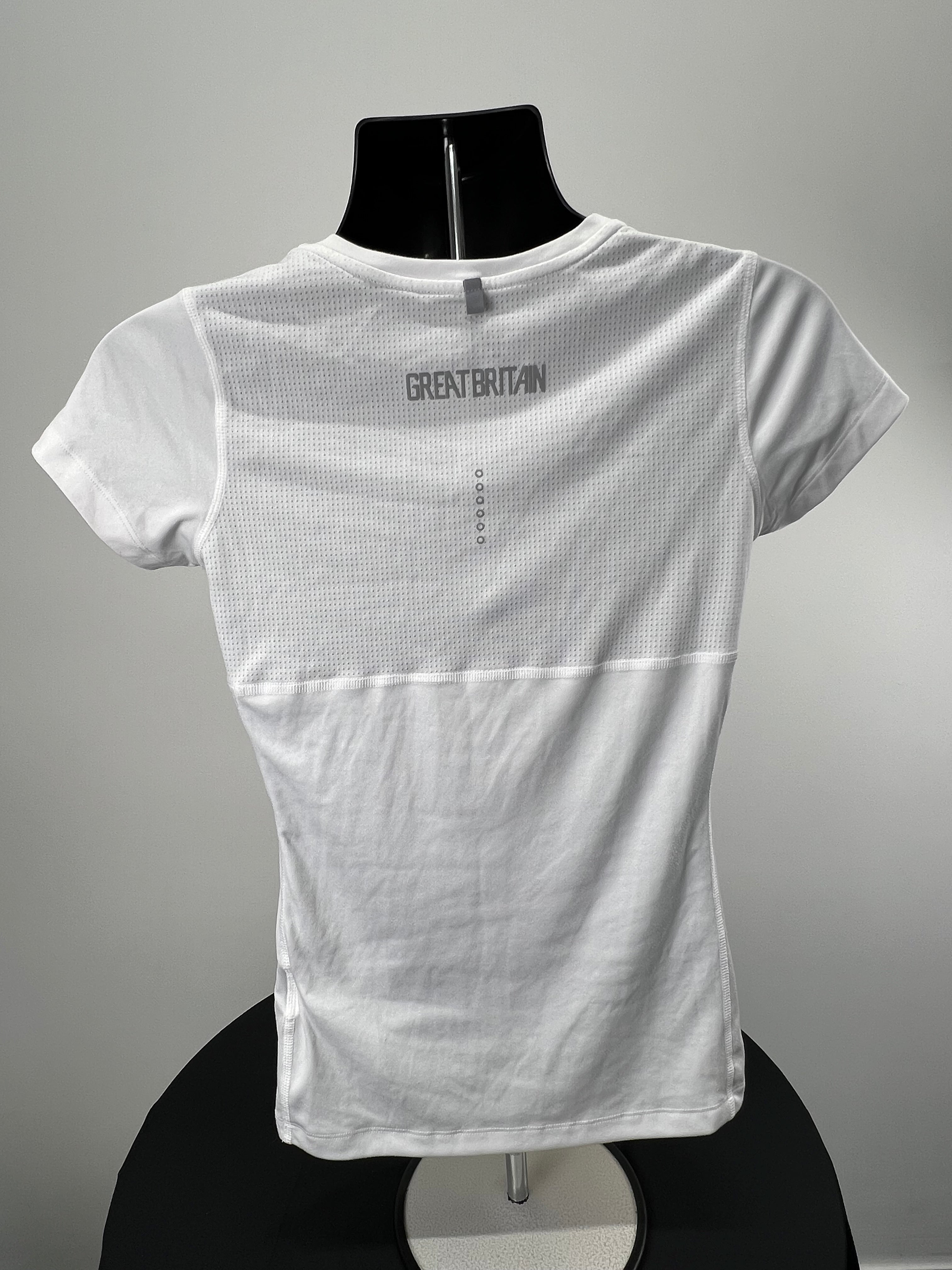 Rear view of white women’s Nike running t-shirt showing mesh upper back panel and ‘Great Britain’ text