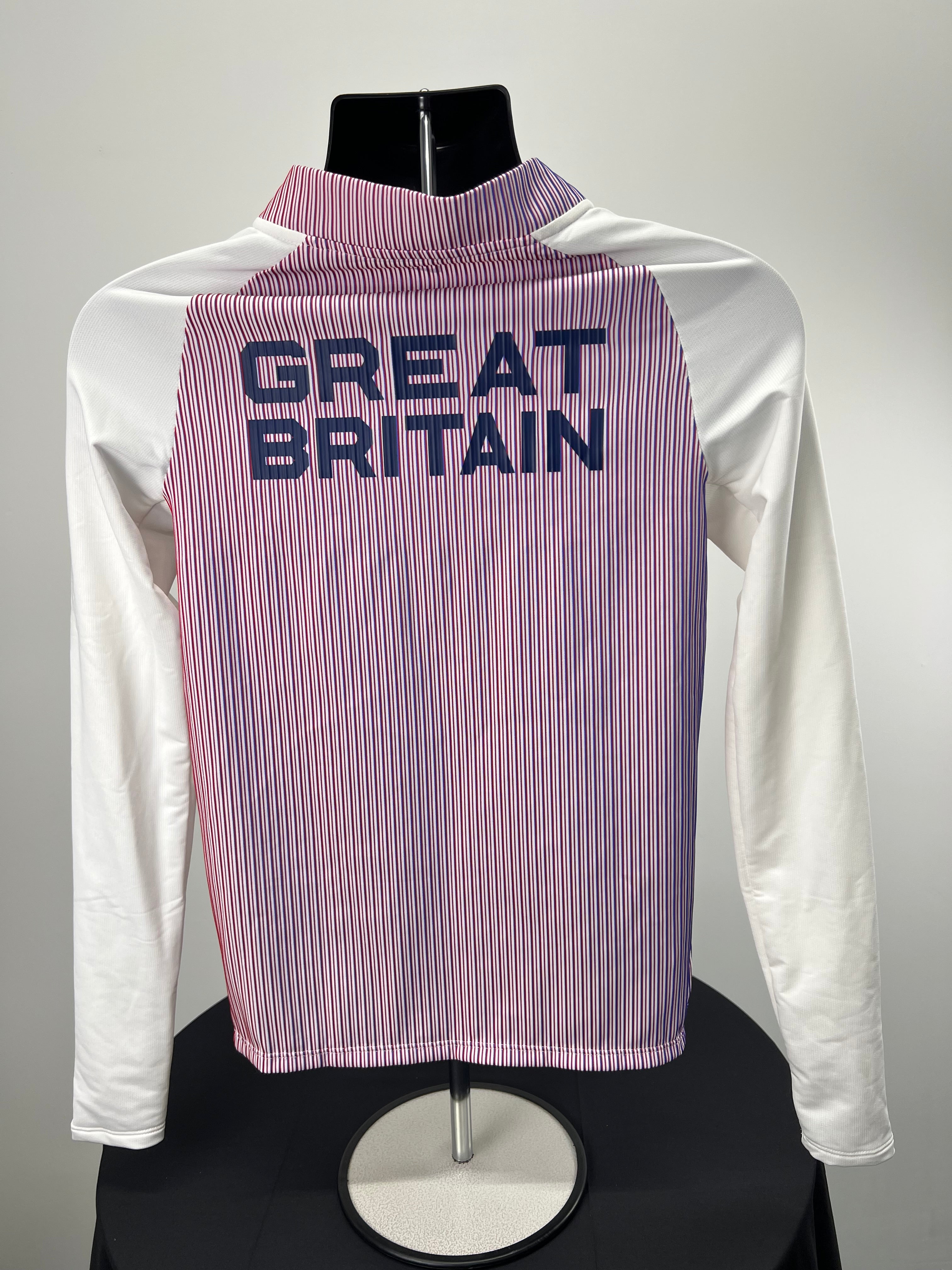 Back view of Nike Great Britain women's half zip top featuring red, white and blue stripes and 'GREAT BRITAIN' text