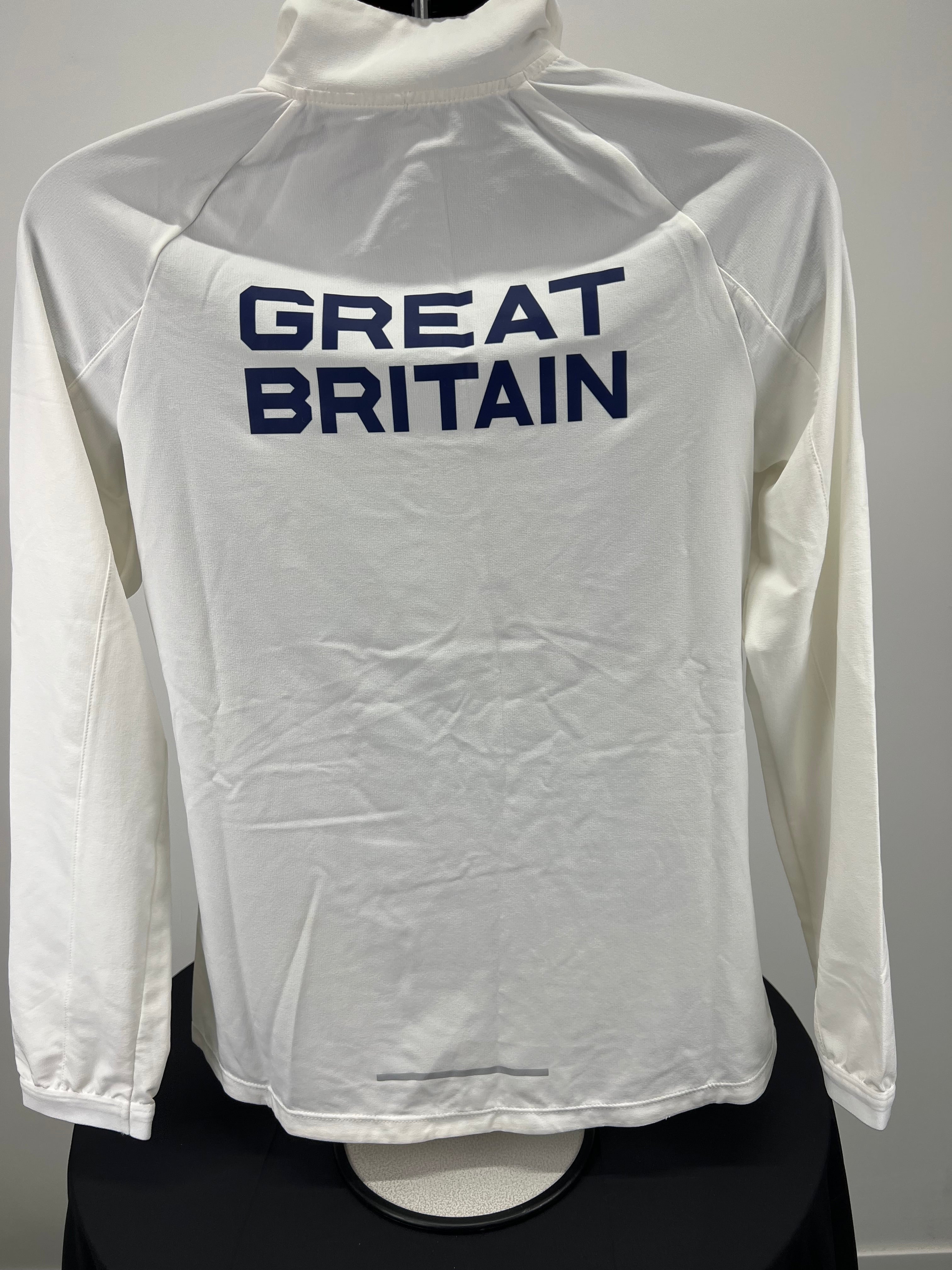Back view of the cream sports jacket showing 'GREAT BRITAIN' printed in navy blue across the shoulders.