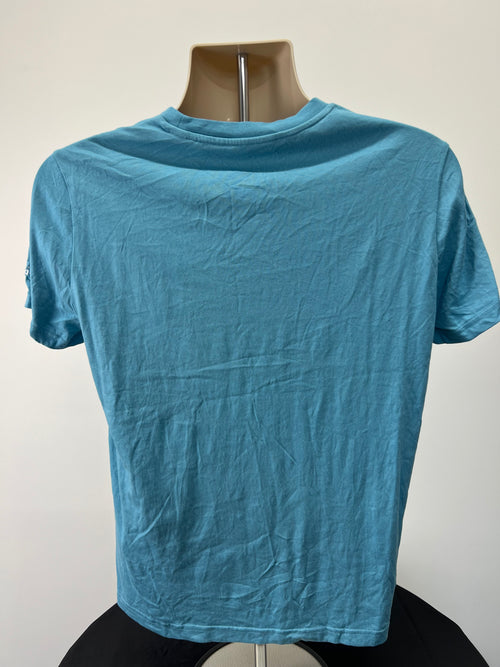 Back view of the turquoise adidas t-shirt showing plain fabric and short sleeves