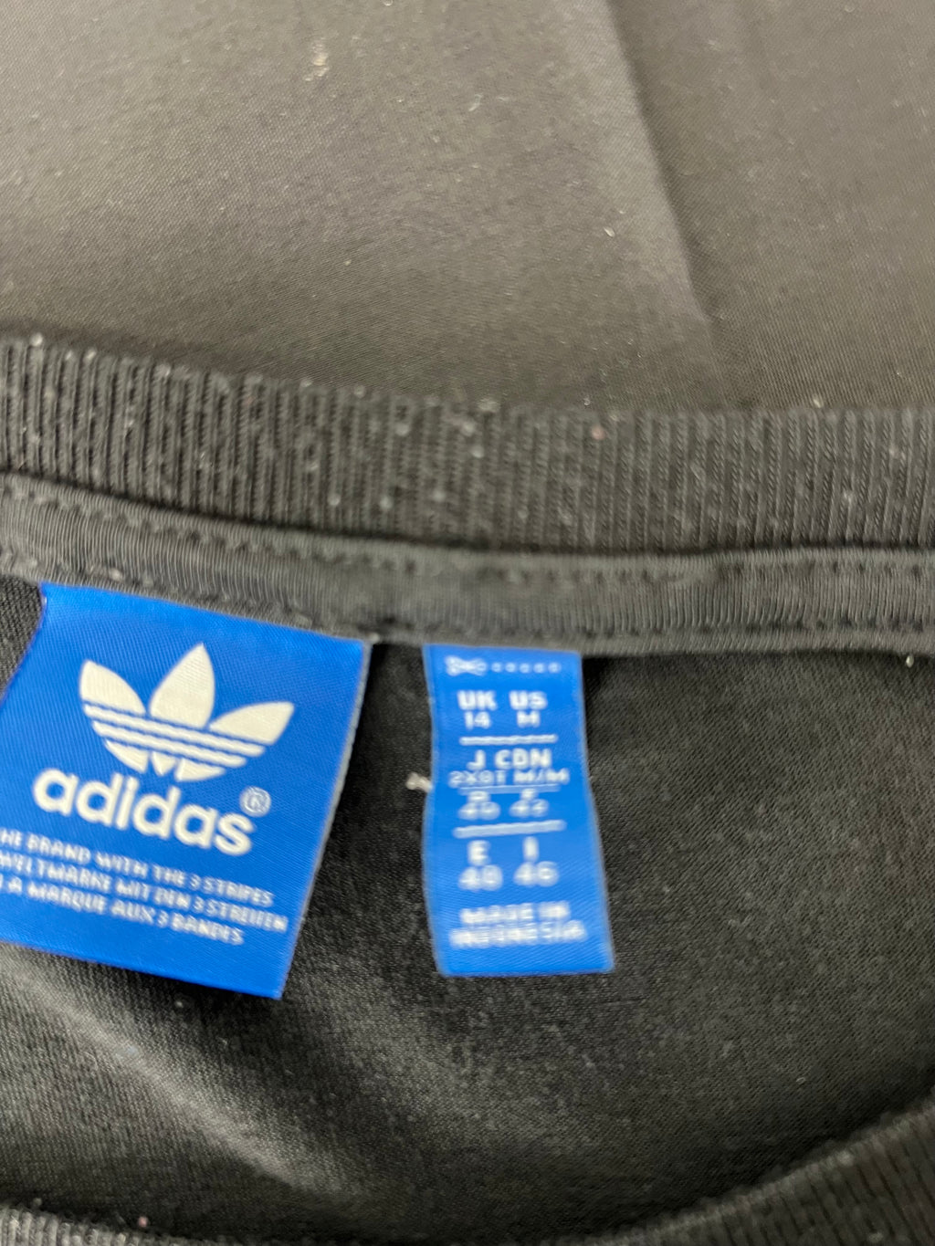 Close-up of Adidas blue tag inside neckline showing size and brand details on black t-shirt