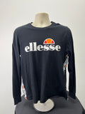 Front view of black ellesse women's long sleeve top with large white ellesse logo and orange-red half-ball graphic on the chest, side logo taping detail