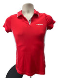 Front view of HEAD women's red polo shirt with white piped collar and short sleeves on mannequin