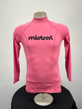 Front view of pink Ladies UV Rash Vest by Mistral with long sleeves and black logo