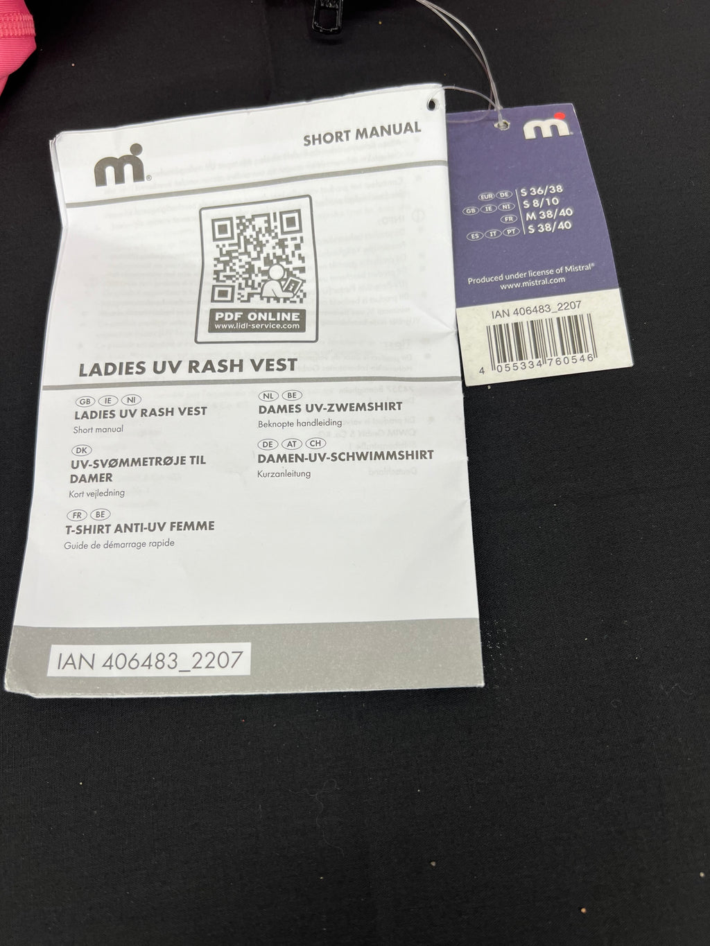 Instruction manual and product tag for Ladies UV Rash Vest by Mistral