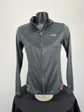 Front view of grey heathered Ellesse women’s full zip jacket with coral accents on mannequin