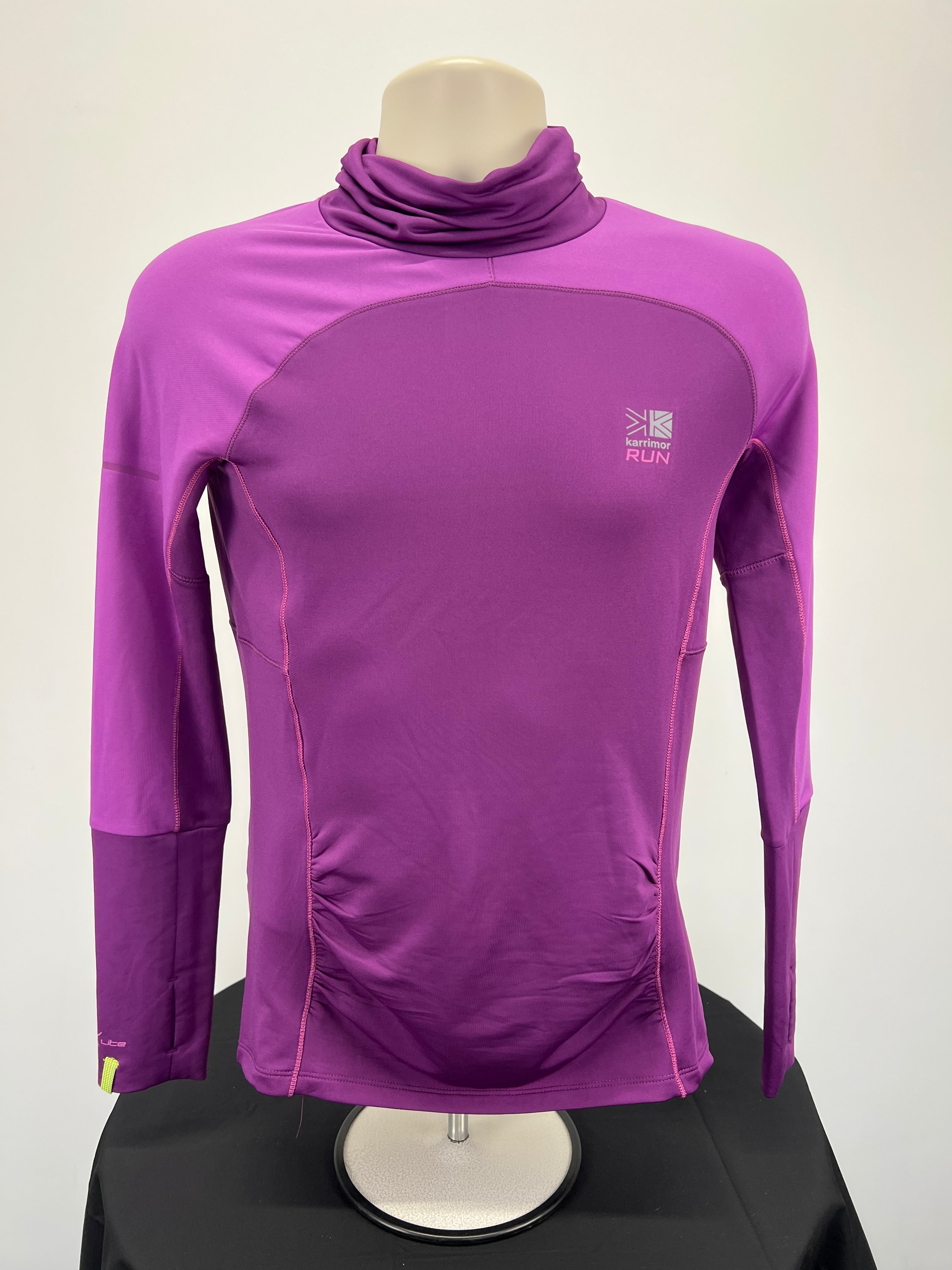 Front view of purple Karrimor Run women's long sleeve thermal running top with high neck on mannequin