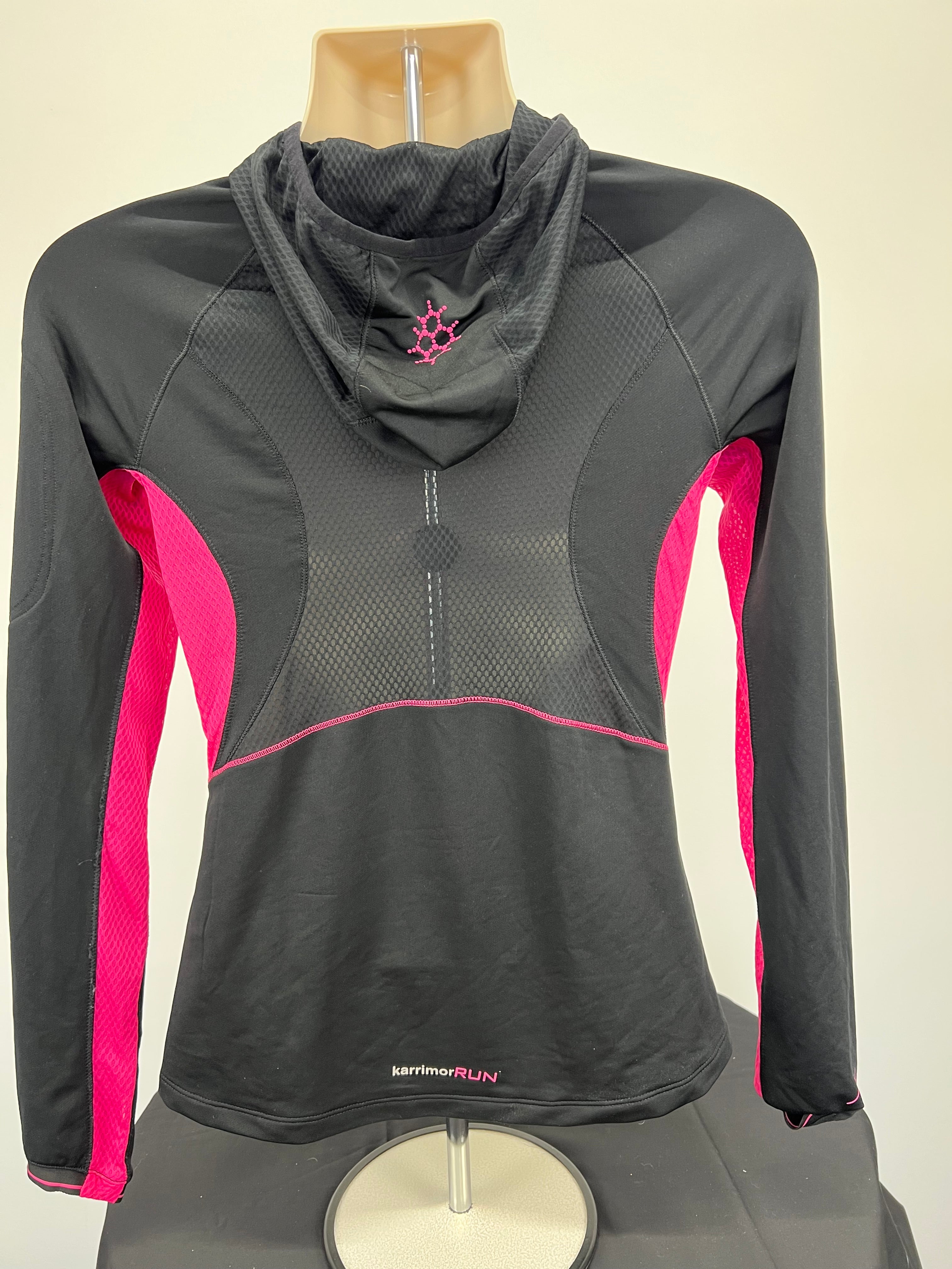 Back view of Karrimor women's black and pink hooded running top showing mesh ventilation panels