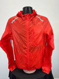 Front view of bright red Nike lightweight hooded jacket with zipped chest pocket and reflective accents