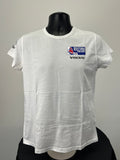 Front view of white Musto British Sailing Team T-shirt with British Sailing Team and Volvo logos on chest
