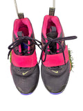 Front view of Nike Zoom Freak 3 basketball trainers in black with bright pink strap and neon yellow details