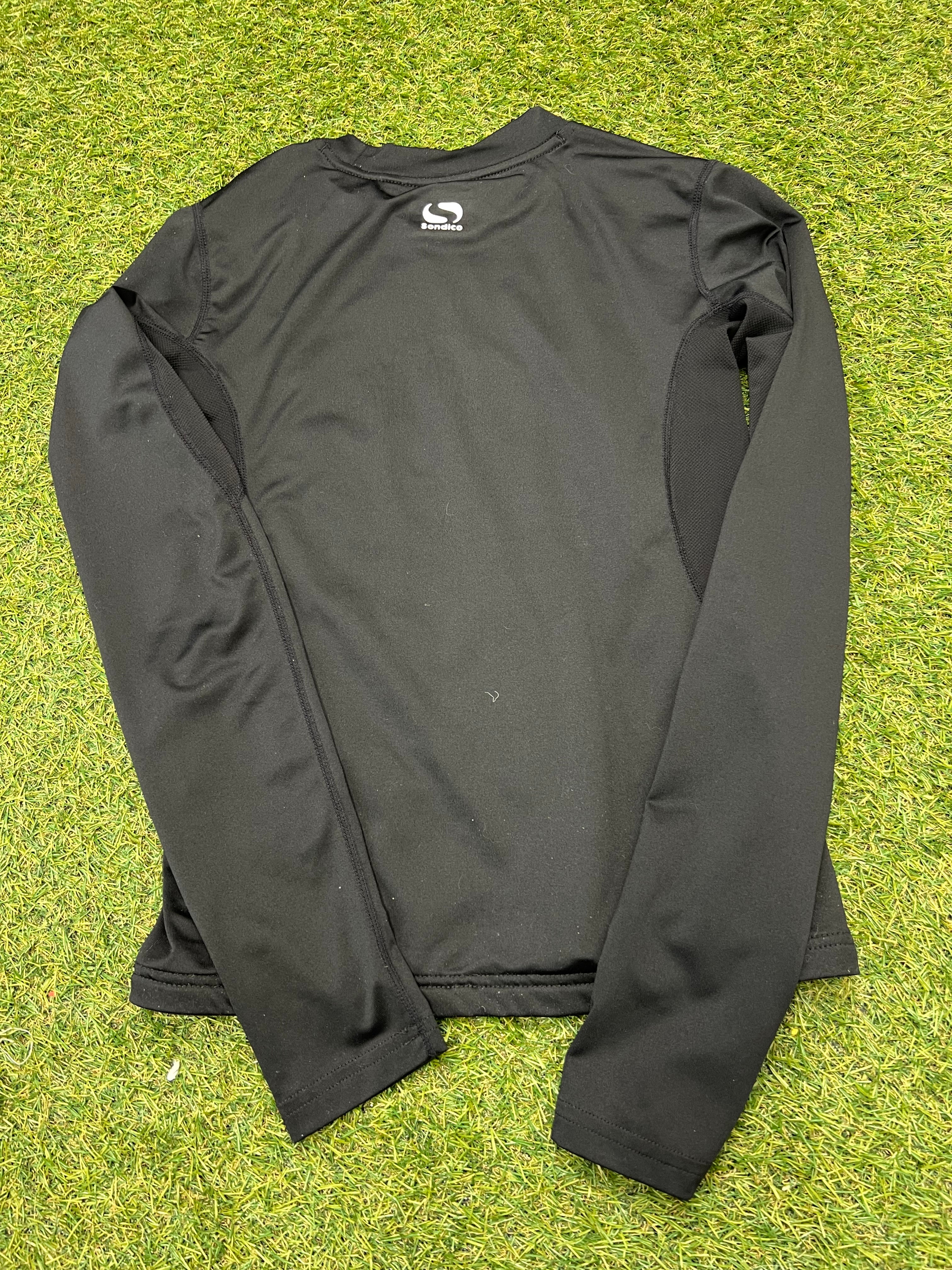 Close-up back view of black Sondico kids long sleeve top showing mesh panel detail