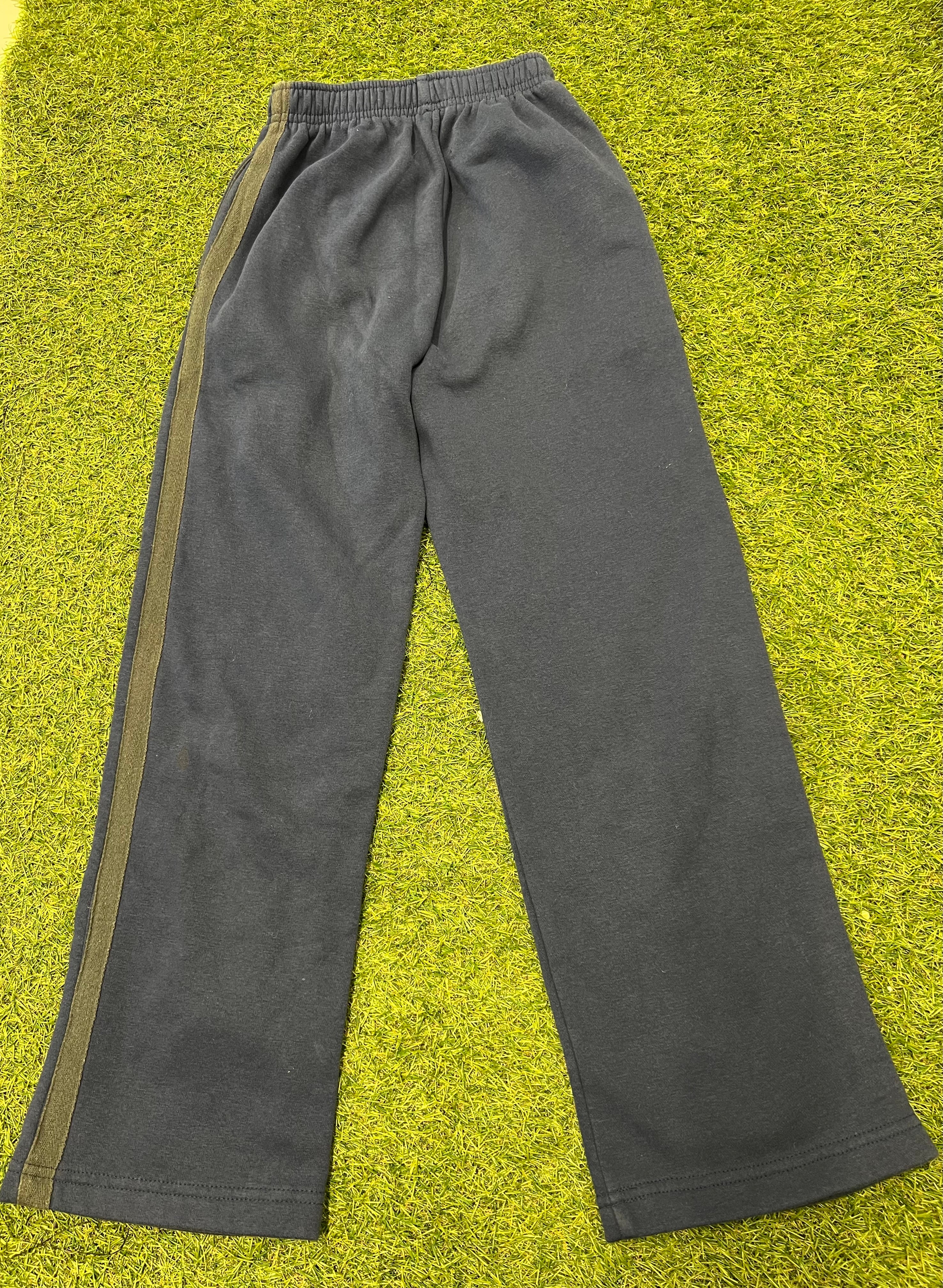 Back view of kids gray Nicholls Cricket Wales tracksuit bottoms showing plain back on grass background