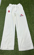 Front view of Kids Cricket Wales White Trousers by Gray-Nicolls with embroidered logo