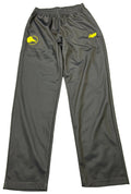 Front view of men's black New Balance tracksuit bottoms with yellow logo on grass background