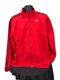 Front view of Adidas men's lightweight red full zip jacket with black stripes on sleeves and zip pockets