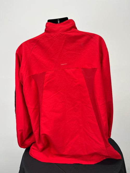 Back view of Adidas men's lightweight red jacket showing breathable mesh detailing and Climacool branding