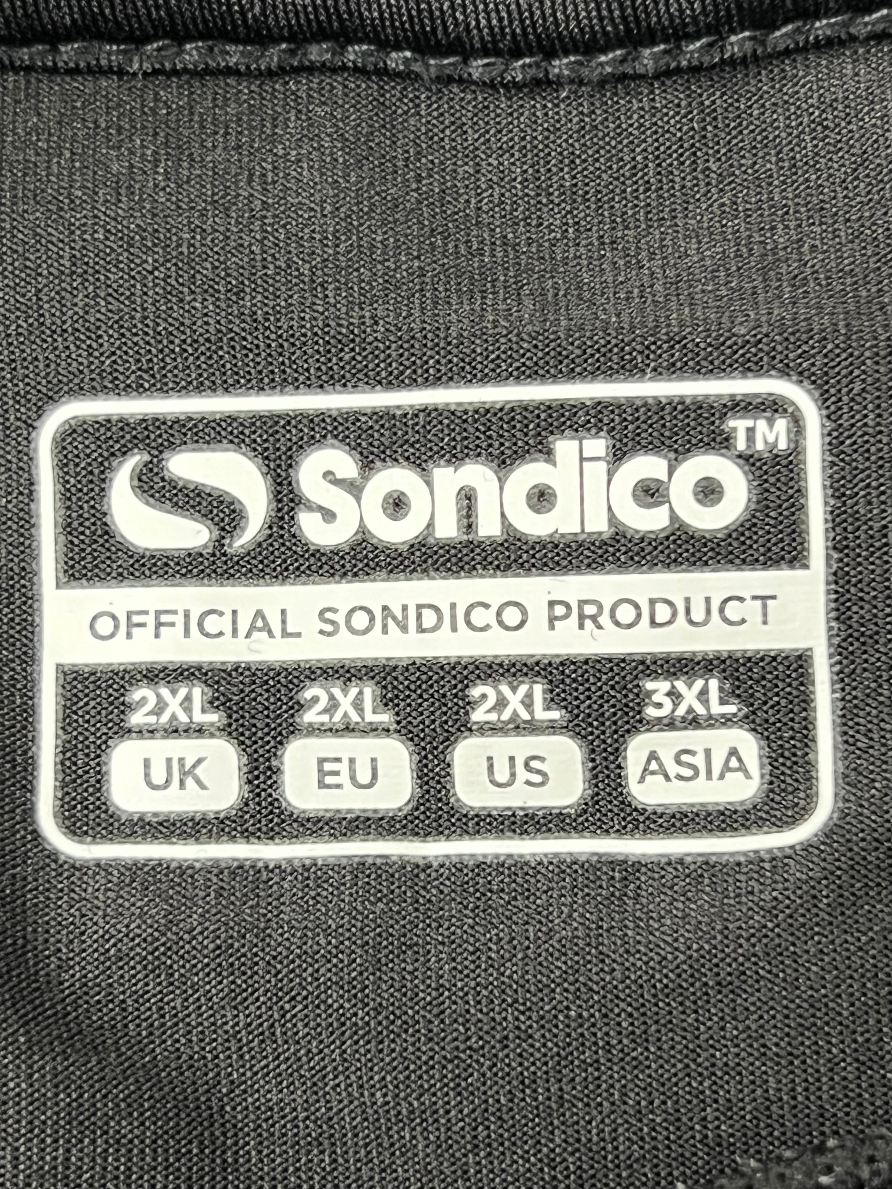 Close-up of Sondico official product label indicating size 2XL UK, EU, US and 3XL Asia