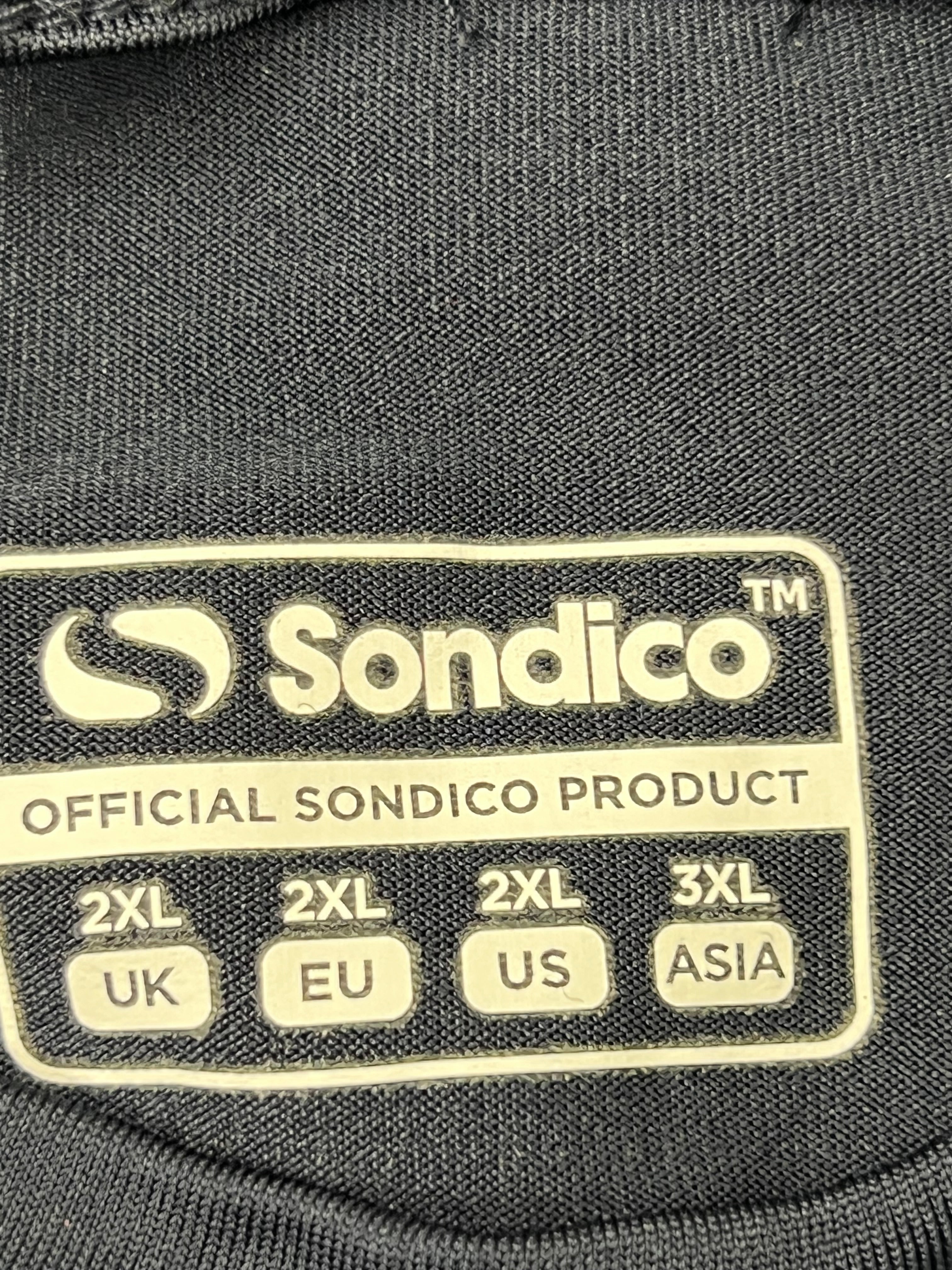 Side-by-side view showing dark navy and black Sondico men's long sleeve base layer tops on grass