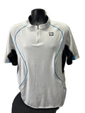 Front view of men's Wilson white 1/4 zip tennis top with blue piping and black mesh side panels on mannequin