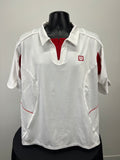 Front view of white Wilson men's 1/4 zip polo top with red accents and zip collar on mannequin